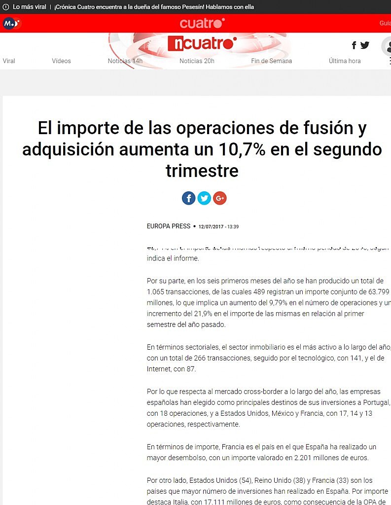 El importe de las operaciones de fusin y adquisicin aumenta un 10,7% en el segundo trimestre